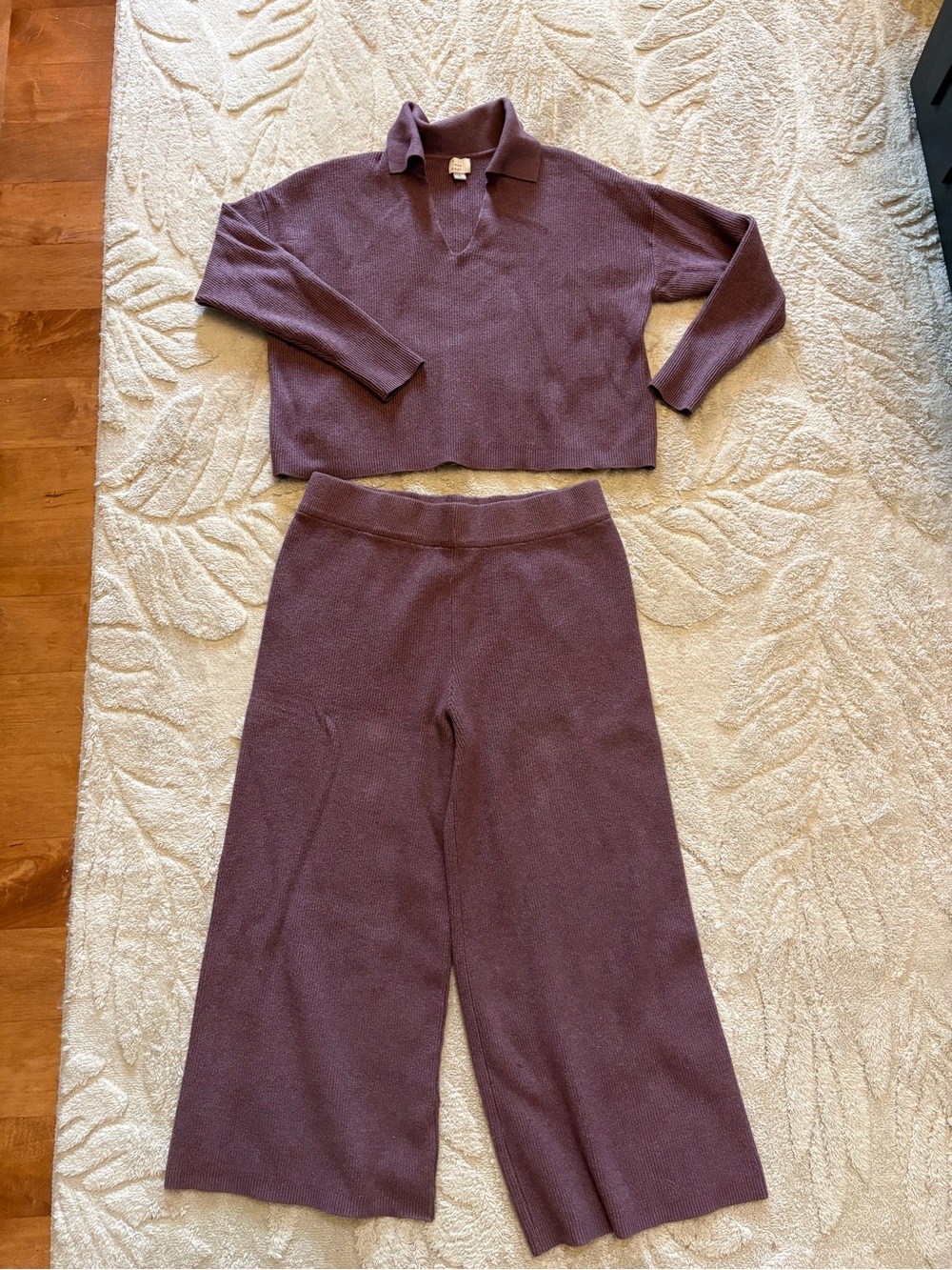 a new day Plum Knit Wide-Leg Lounge Set with Cropped Polo Top